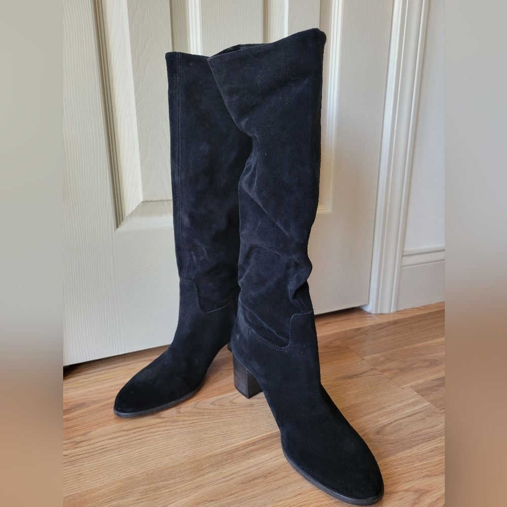 Free People Black Suede Knee-High Block Heel Boots Boho Chic 90s Size 10.5/41